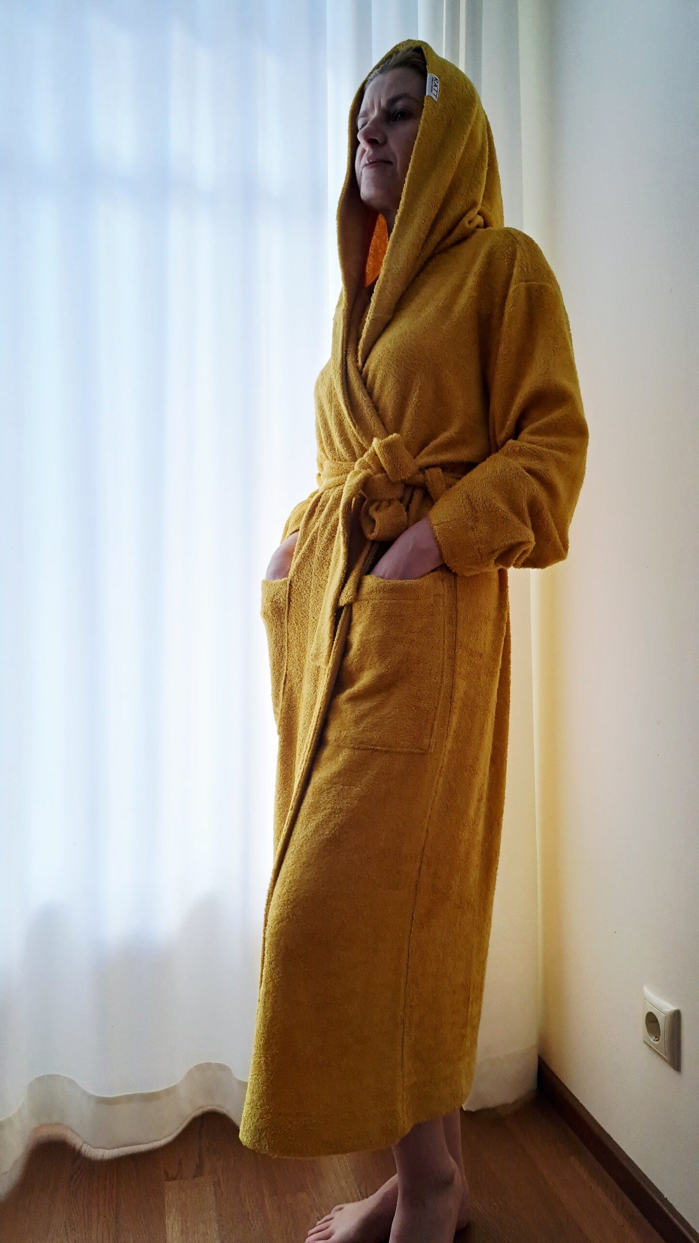 Bambusfroteest UNISEX hommikumantel kapuutsiga kuldkollane - Image 3