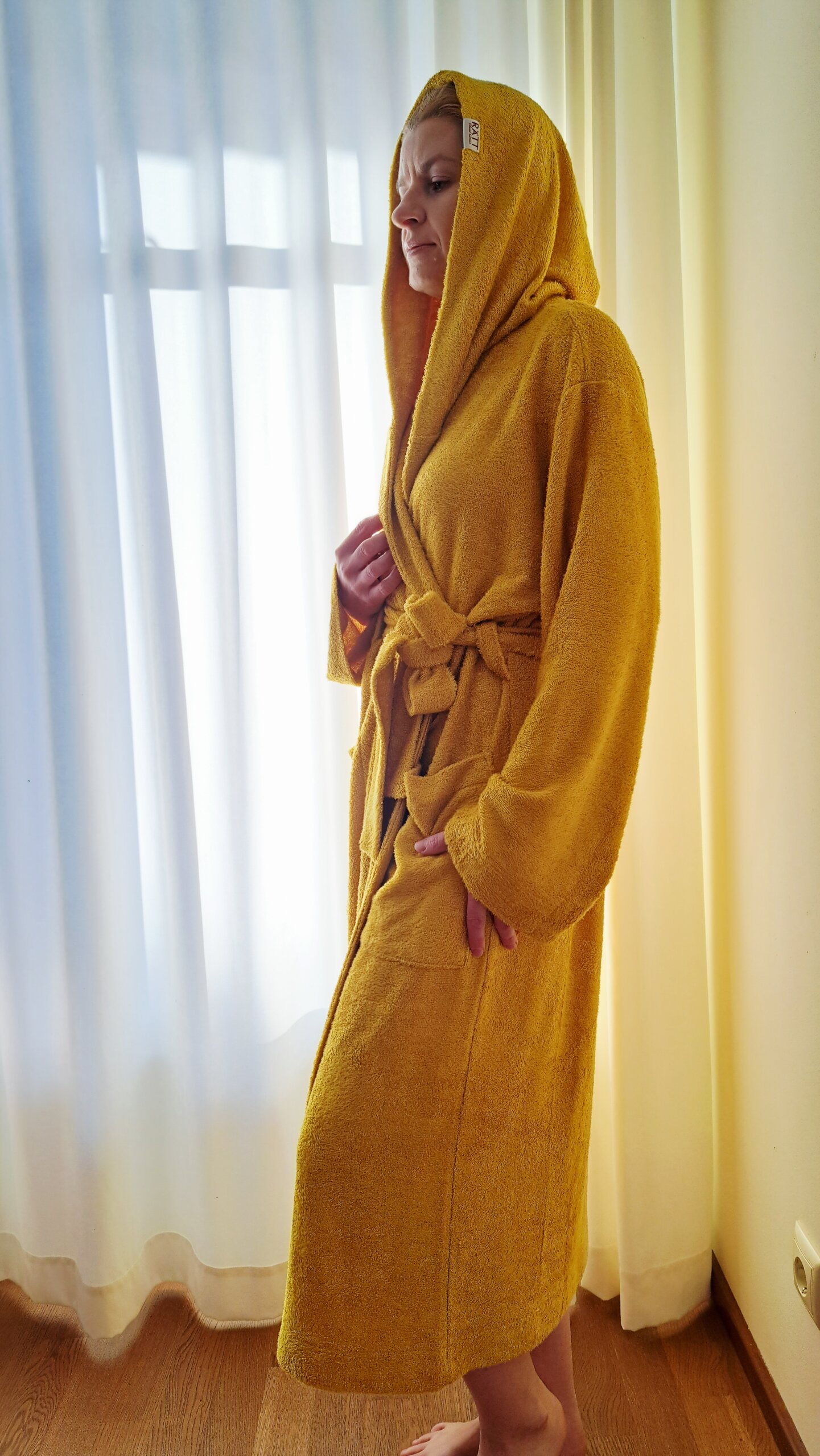 Bambusfroteest UNISEX hommikumantel kapuutsiga kuldkollane - Image 4